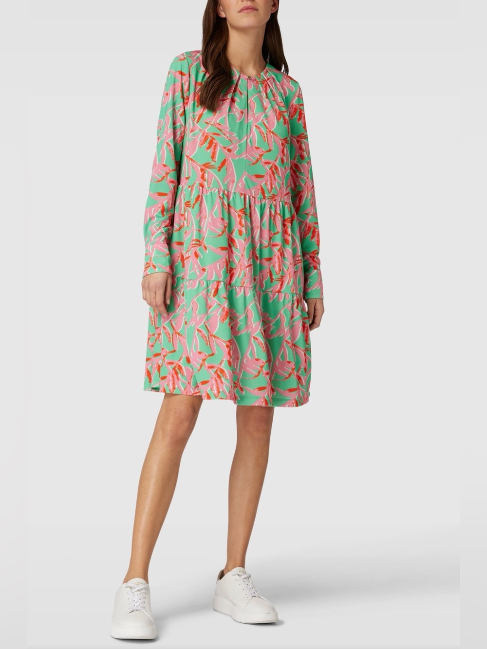 Marc Cain Mint Green Long Sleeve Floral Print Dress with Pink & Coral Accents